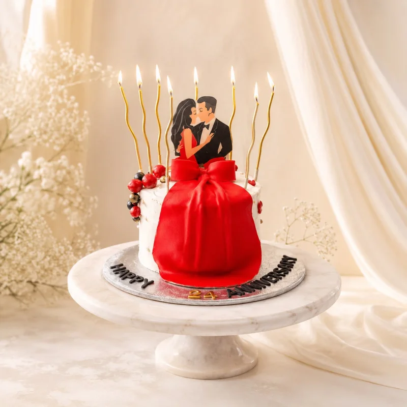 Romantic Red Ribbon Anniversary Cake